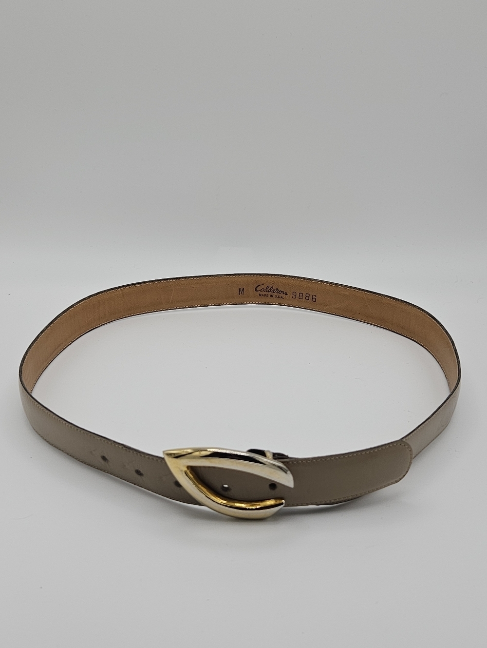 vintage Calderon tan belt with stylized gold tone C buckle medium